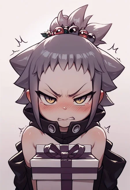 score_9, score_8_up, score_7_up, score_6_up, score_5_up, score_4_up, break, source_cartoon, official, cute, solo, MiniMedusa, tsundere, look a gift, blush effect