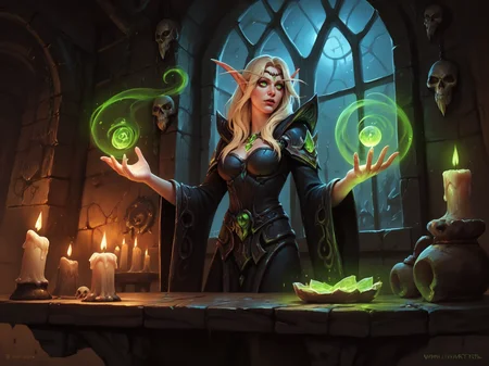 adult woman, elf, green eyes, blonde hair, necromancer, black robe, standing, practicing magic, potions and green crystals on the table, skull, candles, window, dark magic, night, solo, indoors, <lora:WorldOfWarcraftXL:0.8>, BREAK score_9, score_8_up, score_7_up, score_6_up, score_5_up, score_4_up
