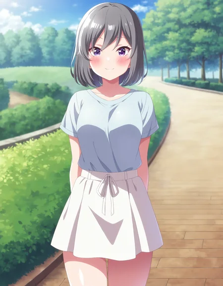 1girl, solo, cowboy shot, kanzaki rio, idoly pride, casual, plain t-shirt, miniskirt, standing, arms behind back, looking at viewer, smile, blush, outdoors, park, day, BREAK, <lora:iRio:0.72>,
very aesthetic, high definition, amazing quality, masterpiece, best quality, highres, absurdres, sensitive, newest, anime screenshot, screencap