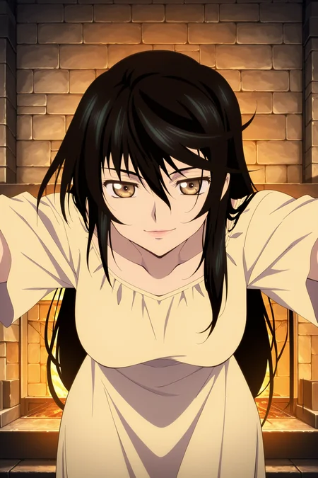 anime screencap, anime coloring, detailed face, masterpiece, best quality, very aesthetic, absurdres, bokeh, volumetric lighting, official style, amazing quality, ultra detailed,  highres, amazing quality, scenery, beautiful detailed hair,
indoors, stone wall,  fireplace,fire
 <lora:Velvet_Crowe_Tales_of_Berseria:1>
Velvet Crowe (character), 1girl, solo, black hair, long hair, golden-brown eyes, medium breasts, 
Night Gown, dress, black hair, standing, white dress, lips parted, naughty face, looking at the viewer, leaning in toward the viewer, POV, low angle, cowboy shot
