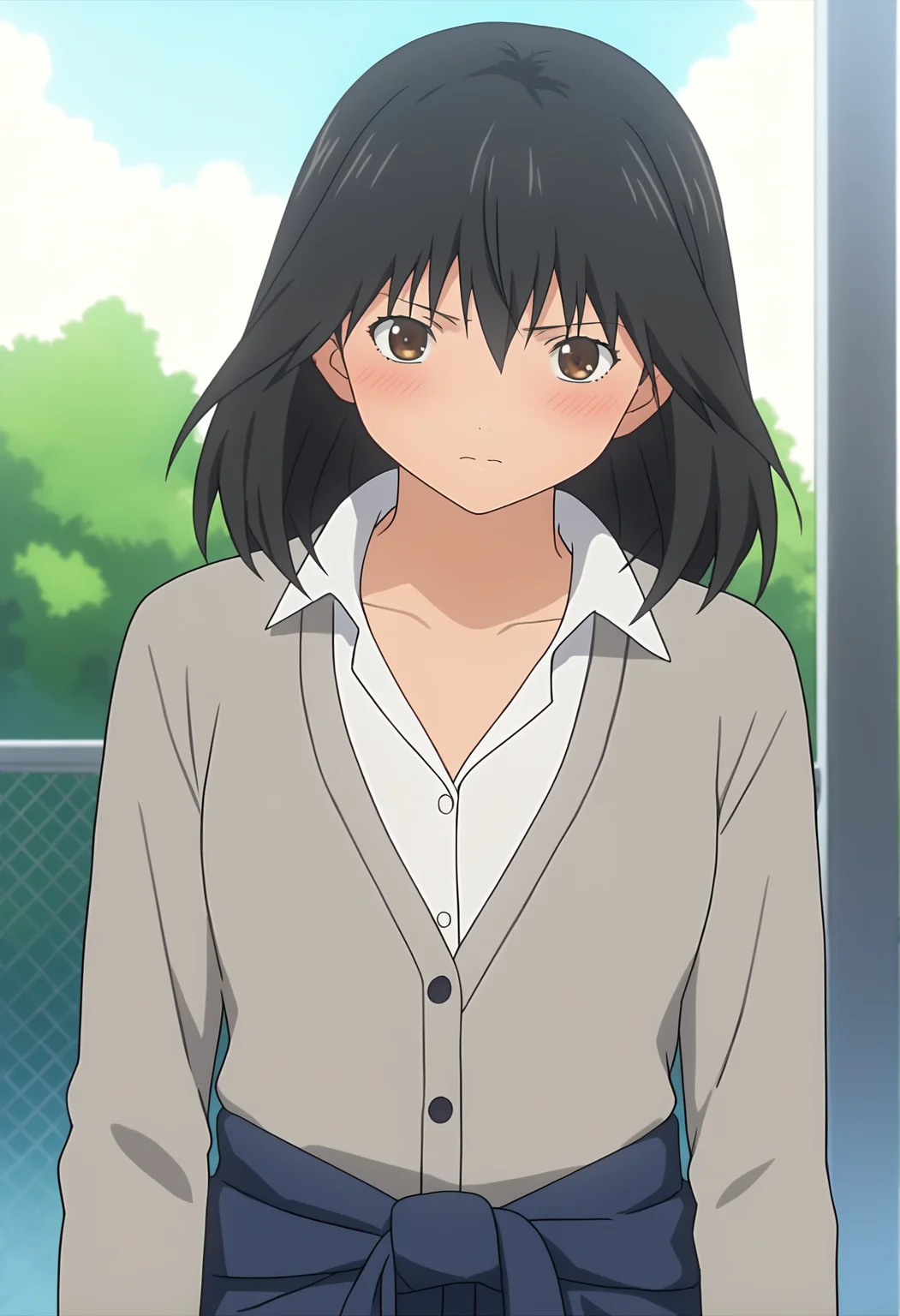 score_9, score_8_up, score_7_up, source_anime,
BREAK
1girl, solo, anime screencap, anime coloring,
<lora:shiMisakiV1:1.0> misdef, black hair, brown eyes, long hair,
white shirt, collared shirt, dress shirt,
school uniform, grey cardigan, tied shirt, clothes around waist, skirt,
black socks,
looking at viewer, closed mouth, blush,