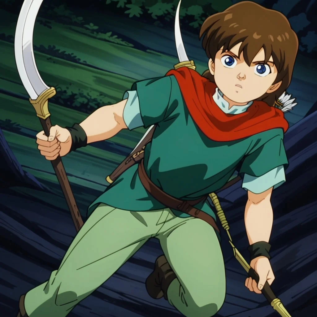 weapon, 1boy, solo, Robin Hood, blue eyes, white collar, red scarf, dark green shirt, light green pants, brown hair