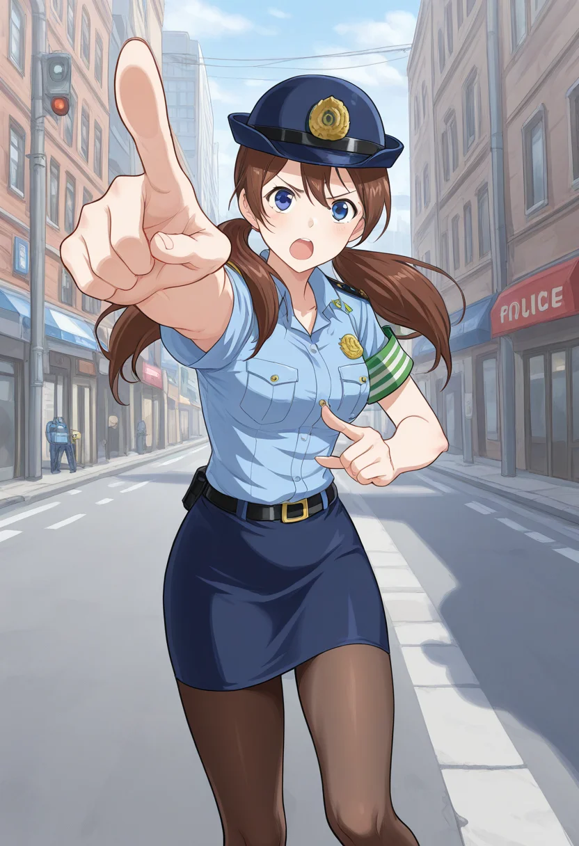 1girl, solo, aingbc, brown hair, long hair, low twintails, blue eyes, police uniform, police hat, shirt, short sleeves, armband, pencil skirt, pantyhose, outdoors, city, street, pointing at viewer, foreshortening, open mouth, scolding,