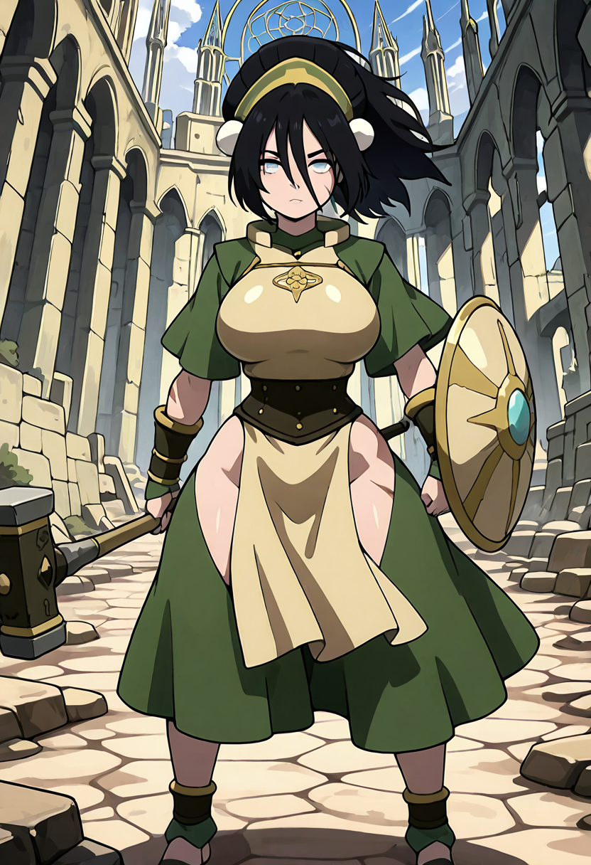 masterpiece, best quality, 1girl, solo,  zzToph, aged up, medieval armor, blind knight, silver breastplate, green cape, greatshield, stone hammer, cathedral ruins, battlefield, earth magic, solemn expression, ponytail, battle scars, regal stance, flag in wind, oathbound warrior, glowing cracks in ground  Clad in enchanted stone-forged armor, Toph leads a charge across the scarred battlefield. Her massive hammer pulses with runes, every swing creating fissures in the enemy ranks. Though her eyes see nothing, the vibration of armor and heartbeat guides her with divine clarity. She is the stone wall of the kingdom, unbreakable, unwavering, and unmatched.   ,(wide hips, narrow waist, large breasts),  , <lora:TophAvatar_IXL:1.0>,