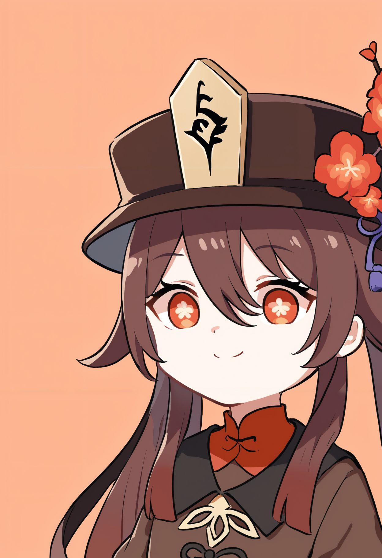 score_9,score_8_up,score_7_up, <lora:xinzoruo_style_pdxl_goofy:1>1girl, hu tao (genshin impact), hat flower, smile, brown hair, symbol-shaped pupils, portrait, chibi, simple background, hair between eyes, flower-shaped pupils, long hair, porkpie hat, red eyes, closed mouth, twintails, black headwear, brown headwear