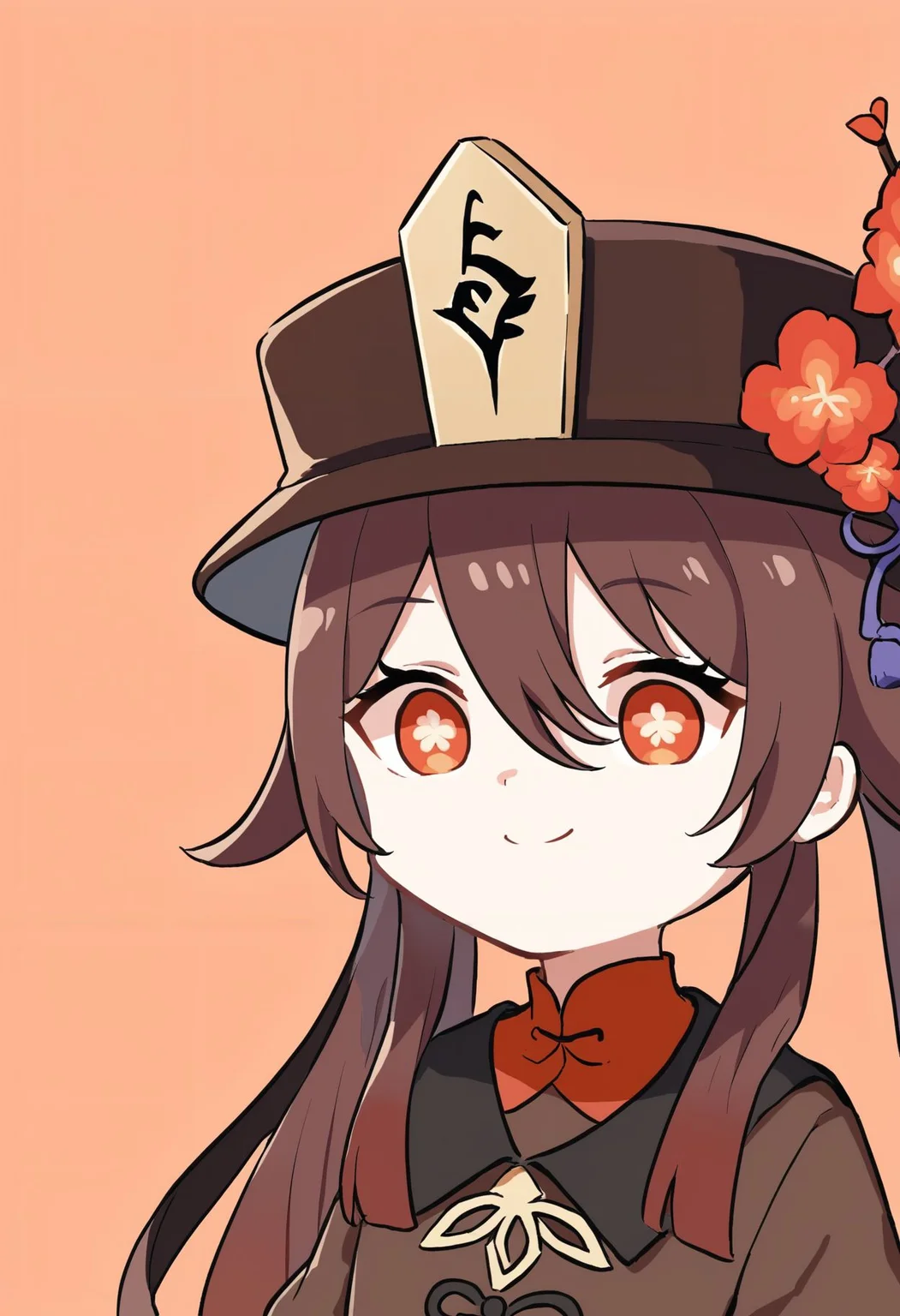 score_9,score_8_up,score_7_up, <lora:xinzoruo_style_pdxl_goofy:1>1girl, hu tao (genshin impact), hat flower, smile, brown hair, symbol-shaped pupils, portrait, chibi, simple background, hair between eyes, flower-shaped pupils, long hair, porkpie hat, red eyes, closed mouth, twintails, black headwear, brown headwear