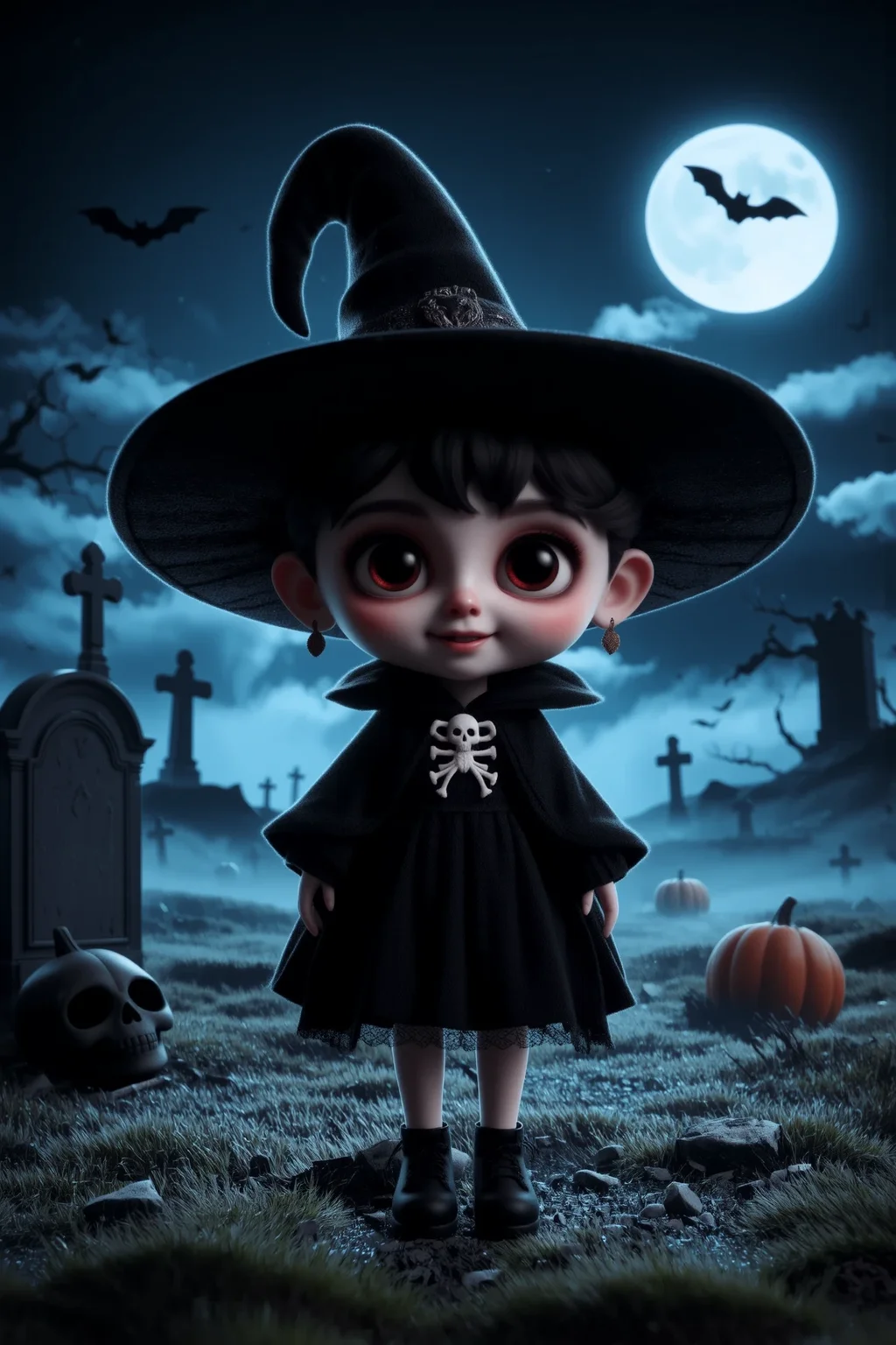 cute, halloween night, horror, (bats), moon in the sky, portrait, (standing:1.2),  happy smiling, red eyes,(very detailed), best quality,  sharp focus, Millennial Pink witch's hat, skulls and bones, vintage horror, fog rolling through a cemetery, soft fog-filtered light, ethereal lights, backlight, shadows, high contrast, hdr, <lora:Anti-Blur:0.8> <lora:Hand v2:0.8> Detailed hand, Hand, Perfect hand <lora:aidmaImageUpgrader:0.8> aidmaimageupgrader  <lora:PinkieChibiHalloweenFLUX:0.8> pinkchibihalloween