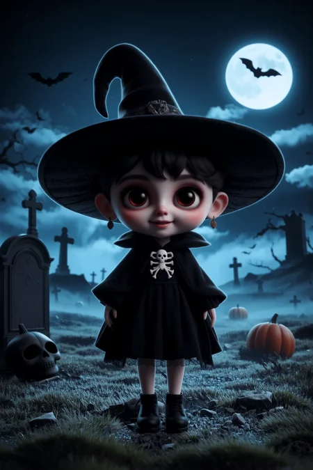 cute, halloween night, horror, (bats), moon in the sky, portrait, (standing:1.2),  happy smiling, red eyes,(very detailed), best quality,  sharp focus, Millennial Pink witch's hat, skulls and bones, vintage horror, fog rolling through a cemetery, soft fog-filtered light, ethereal lights, backlight, shadows, high contrast, hdr, <lora:Anti-Blur:0.8> <lora:Hand v2:0.8> Detailed hand, Hand, Perfect hand <lora:aidmaImageUpgrader:0.8> aidmaimageupgrader  <lora:PinkieChibiHalloweenFLUX:0.8> pinkchibihalloween