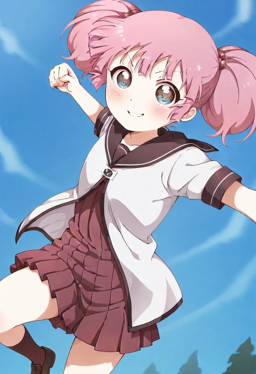 masterpiece, best quality, detailed eyes, newest, anime screencap, anime coloring, solo, 1girl, chinatsu_yuyu, yuru yuri, pink hair, twintails, school uniform, smirk, blush, MPPV1.0, incoming attack, incoming punch, midair