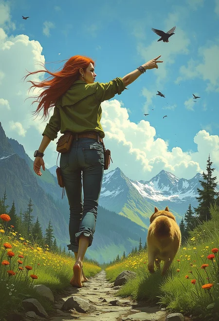 ArsMJStyle, dnddarkestfantasy
a woman in her early 20s, she has long red hair that is being blown about in the wind, she wears a long green shirt and blue jeans is walking barefoot in a field of wild flower with a dog, the woman is pointing into the sky, birds fill the blue sky, snow covered mountains are in the distance