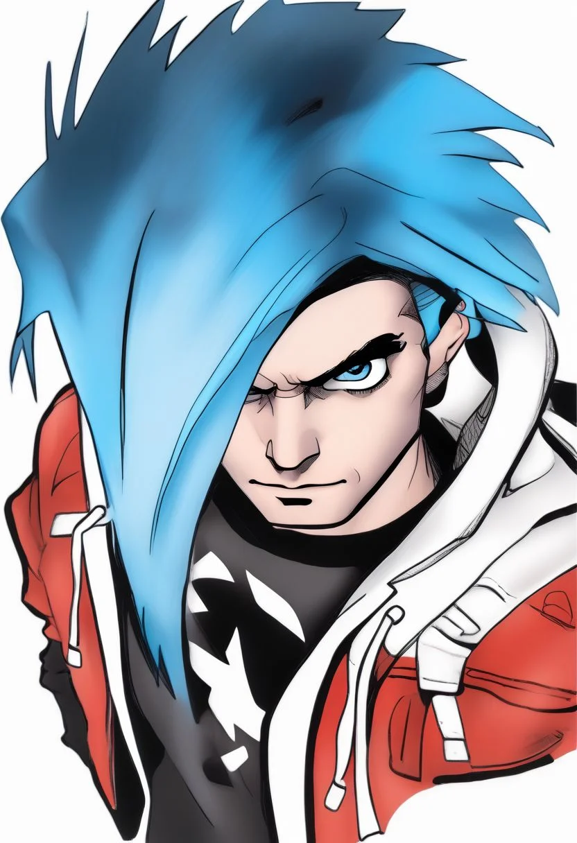 Duskfallcrew Art Style, solo, blue eyes, shirt, 1boy, white background, blue hair, jacket, male focus, open clothes, pants, hood, hair over one eye, red jacket, grimace, frustrated look, score_9_up, score_8_up, score_7_up, score_6_up, source_cartoon ,