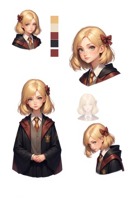 CharacterDesignFLUX,reference sheet,white background,simple background,multiple views, upper body, front, from side, color palette reference, high_detailed, captured in high detail, blond, girl, hogwarts, student, arrogant, holding hands, arrogant, diligent, serious, professionnal stance, humble stance, judgemental, hogwarts school uniform, school uniform,