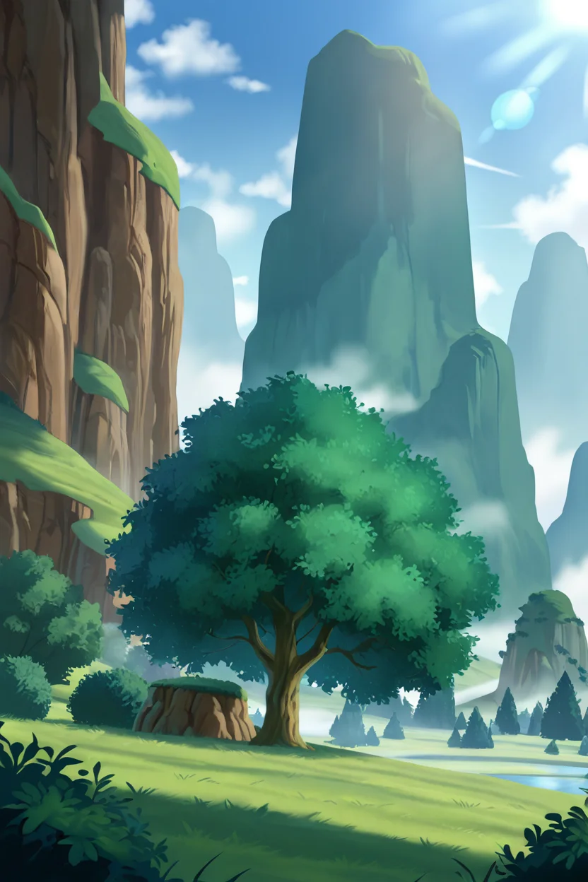 masterpiece, best quality, amazing quality, very aesthetic, high resolution, ultra-detailed, absurdres, mount paozu, grass, thin mountain, blue sky, tree, bush,scenery, no humans, <lora:MountPaozuIllus:1>