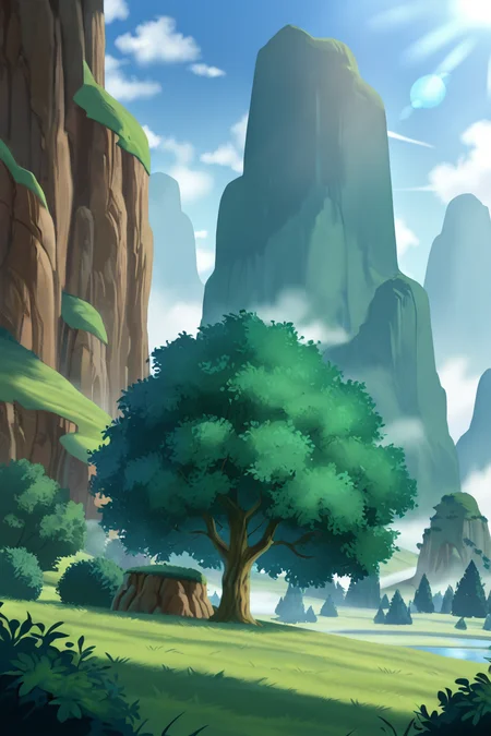 masterpiece, best quality, amazing quality, very aesthetic, high resolution, ultra-detailed, absurdres, mount paozu, grass, thin mountain, blue sky, tree, bush,scenery, no humans, <lora:MountPaozuIllus:1>