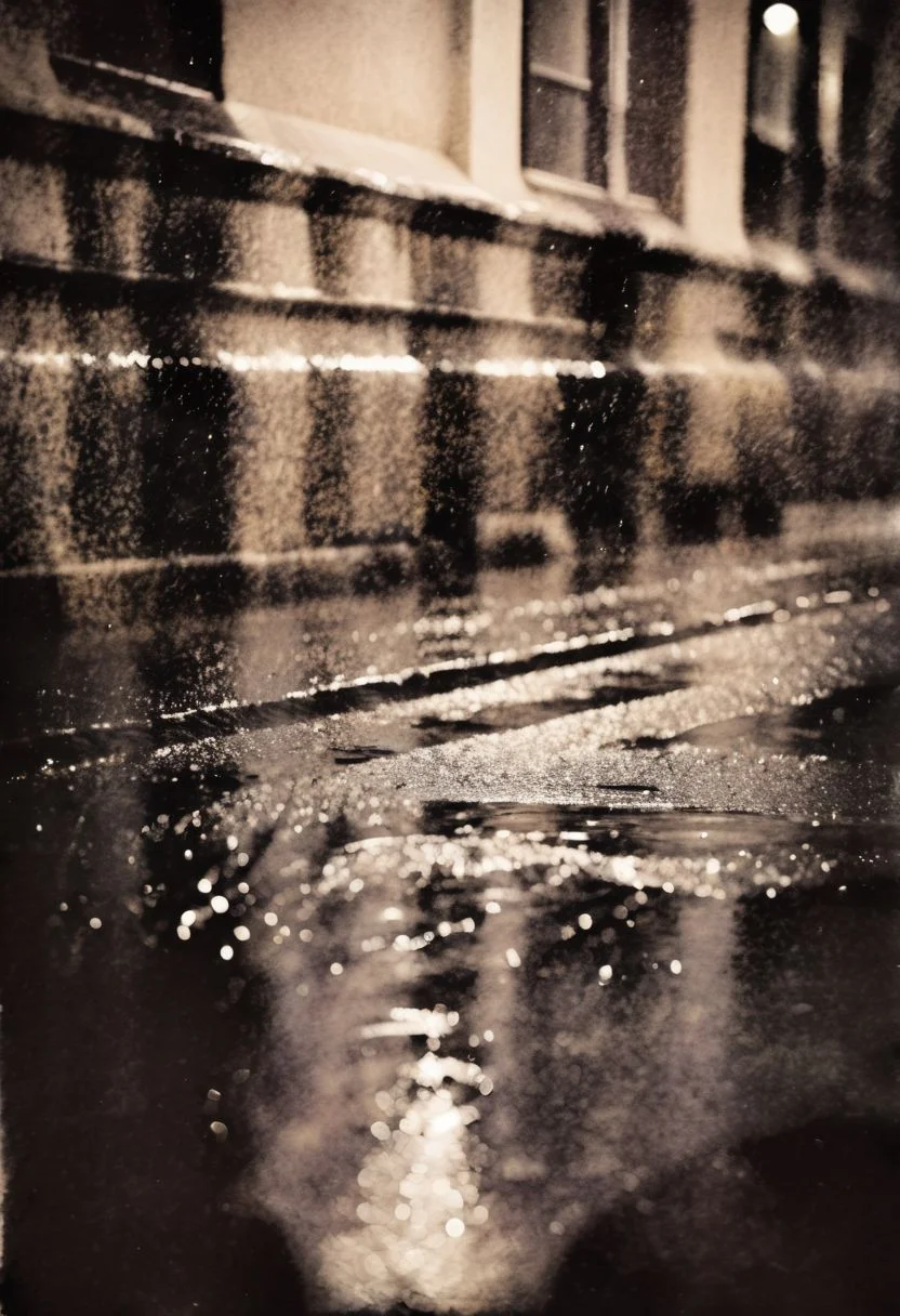 lith_argenta_beh1r, instagram photo, a rainy and dark street in europe at midnight, hard shadows, film grain