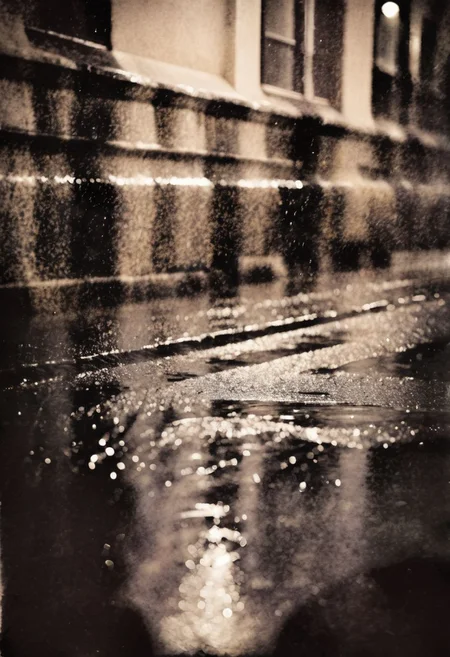 lith_argenta_beh1r, instagram photo, a rainy and dark street in europe at midnight, hard shadows, film grain