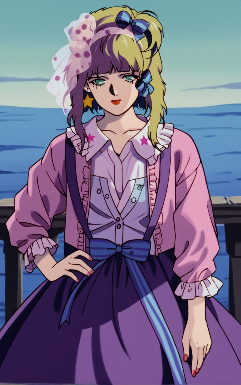 score_9, score_8_up, score_7_up, looking at viewer,  BREAK
ANIME_PresenceDoll_RobotCarnival_ownwaifu, 
1girl, green eyes, makeup, messy hair, blonde hair, hair bow, long hair, jewelry, bangs, blue bow, bow, ribbon, collarbone, star earrings, earrings, lipstick, nail polish, hair ornament, hair ribbon, brown hair, multicolored hair, red lips, blunt bangs, two-tone hair
purple dress, frilled dress, dress, doll, horror \(theme\), sad, long sleeves, frills, star (symbol), shirt, striped, veil, polka dot, white shirt, suspenders, pink shirt, collared shirt, blue skirt, star print, frilled shirt collar, frilled sleeves, shirt tucked in, pink headwear, open clothes, 
(contrapposto, hand on hip), sunset, sidelighting, cityscape, outdoors, <lora:PONYXL_PresenceDoll_RobotCarnival_ownwaifu:1> , depth of field, solo,