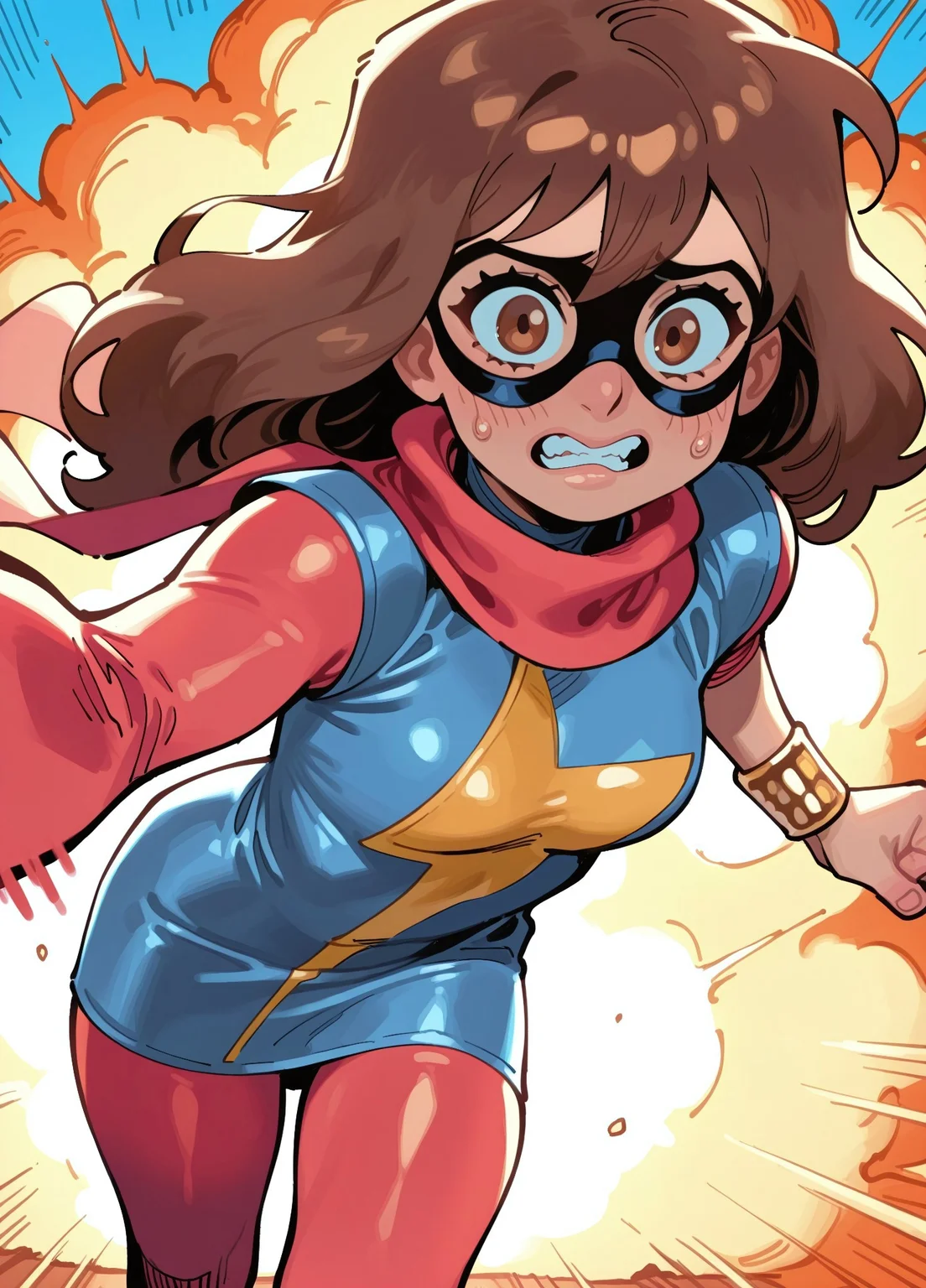 masterpiece, best quality, amazing quality, very aesthetic, absurdres, newest, detailed eyes, JJFrenchiestyle, 6l005, (vibrant colors),
1girl, mmkamalakhan, brown hair, bangs, brown eyes, dark-skinned female, brown eyes, long hair, dress, sleeves, scarf, bracelet, (domino mask), red pantyhose, medium breasts,
(running), (motion lines), worried, ((nervous)), teeth, looking at viewer, selfie, view from front, close up,
New York city, explosion, detailed background,,