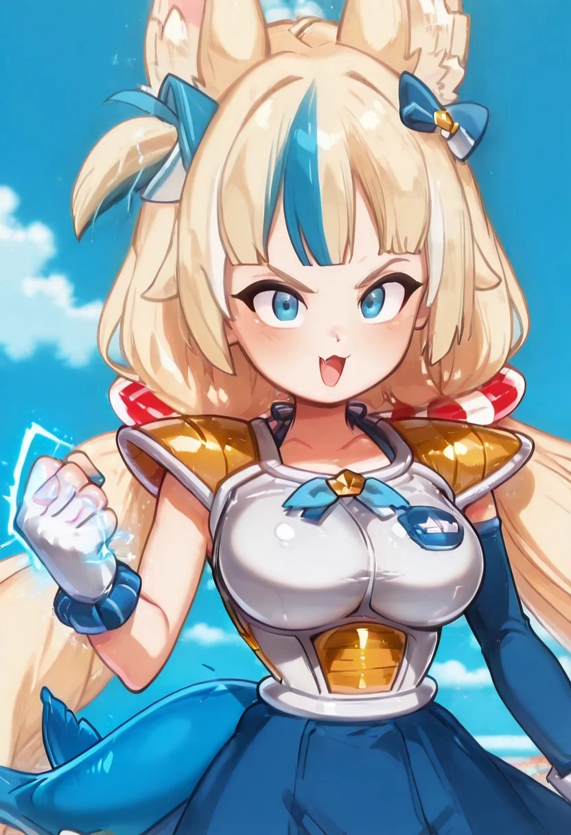 masterpiece, best quality, sameko saba, low twintails, animal ears, blue eyes, blonde hair, blue streaked hair, ribbon, blue hair bow, two-tone hair, lifebuoy hair ornament, fish tail, blue nails,
white saiyan armor, shoulder pads, blue skirt, long sleeves, blue sleeves, white gloves,
long hair, ribbon, smile, single wrist scrunchie, blue sky, brooch, large breasts ,,
skin fang, looking at viewer, open mouth, electricity, aura, clenched fists, anime screenshot,