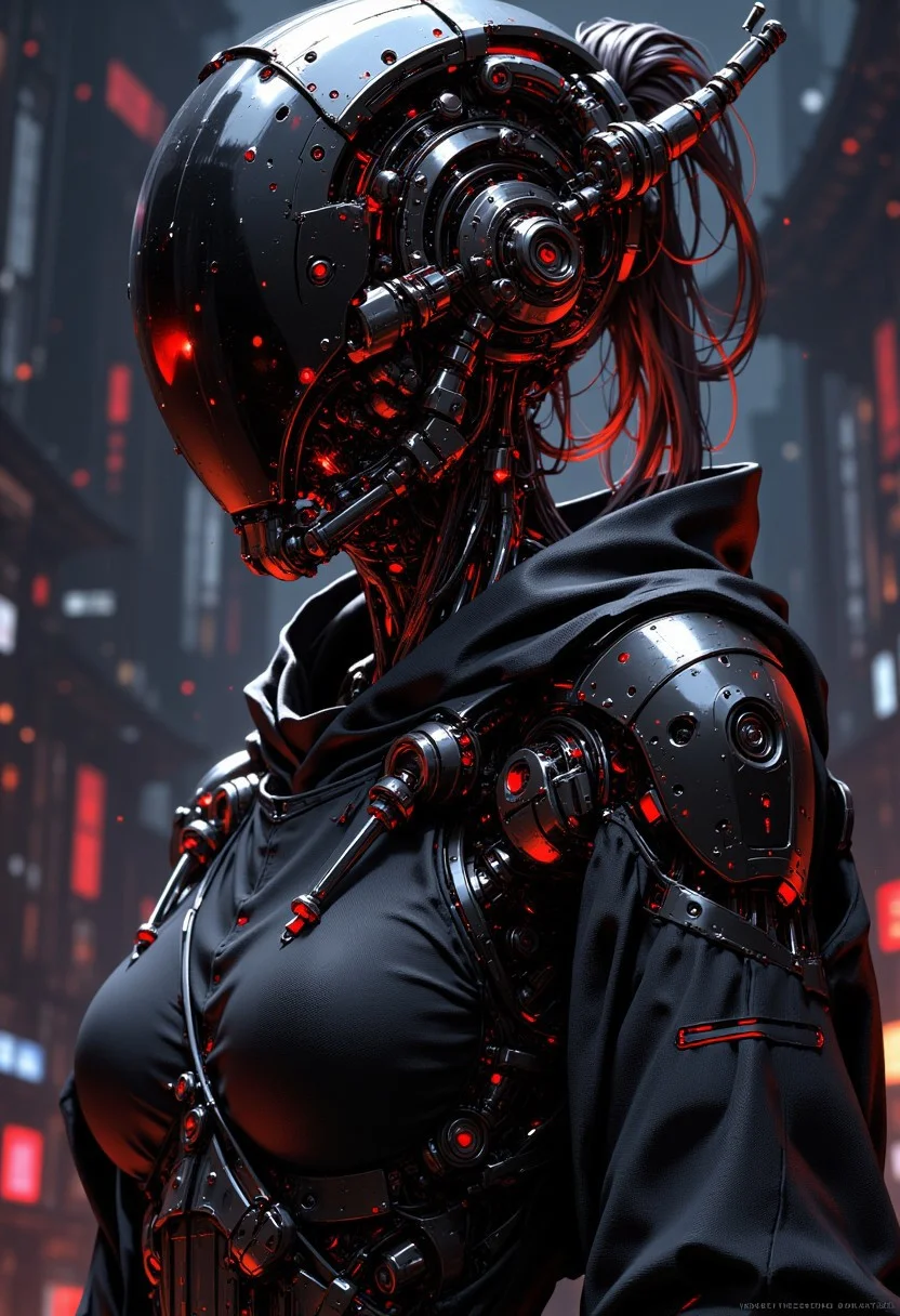 D4rkCyb3rDyn34n1m3 style, photorealistic image of a cyberpunk robot samurai woman in black and red armour, robot face with mirrored face shield reflecting light, hyperdetailed helmet, robot joints and wires, dark abstract background suggesting eastern asian temple