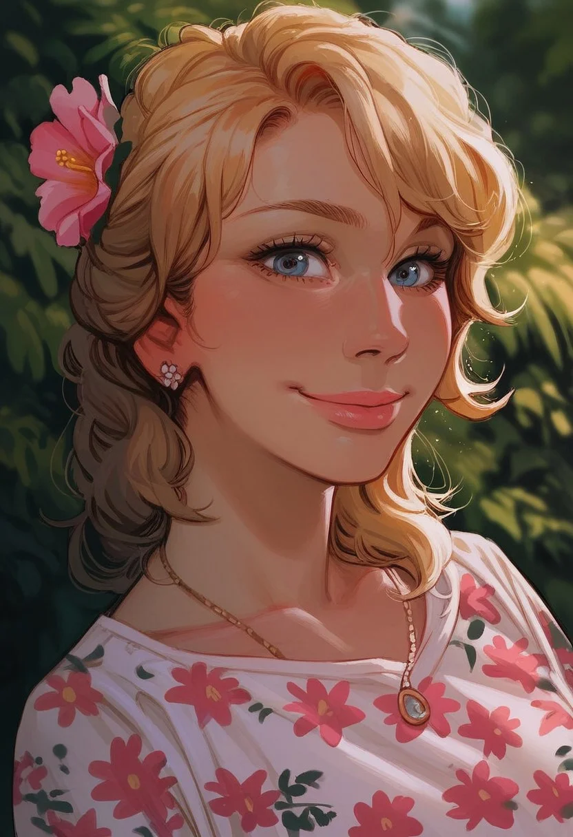 score_9, score_8_up, score_7_up, source:anime, KyraAI, 1girl, solo, long_hair, blonde_hair, necklace, lips, smile, shirt, portrait, floral_print, blue_eyes, plant, upper_body, looking_at_viewer, flower, black_shirt