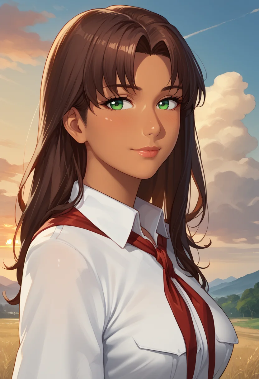 score_9, score_8_up, score_7_up, source_anime,
best quality, masterpiece, ultra detailed,
<lora:Expressive_H:1>, light smile, blush,
nose, lips,
looking at viewer, portrait, from side,
mature girl, 
<lora:Everlasting_Summer_Olga_by_GraffMetal_V2.4:0.7>, olga, long hair, brown hair, green eyes, bangs, parted bangs, straight hair, tan skin, dark skin, solo, 
white collared shirt, short sleeves, red neckerchief, neckerchief,
outdoors, sunset, clouds, sky,
amazing background,
<lora:Everlasting_Summer_Vanilla_Art_Style_by_GraffMetal:1>,