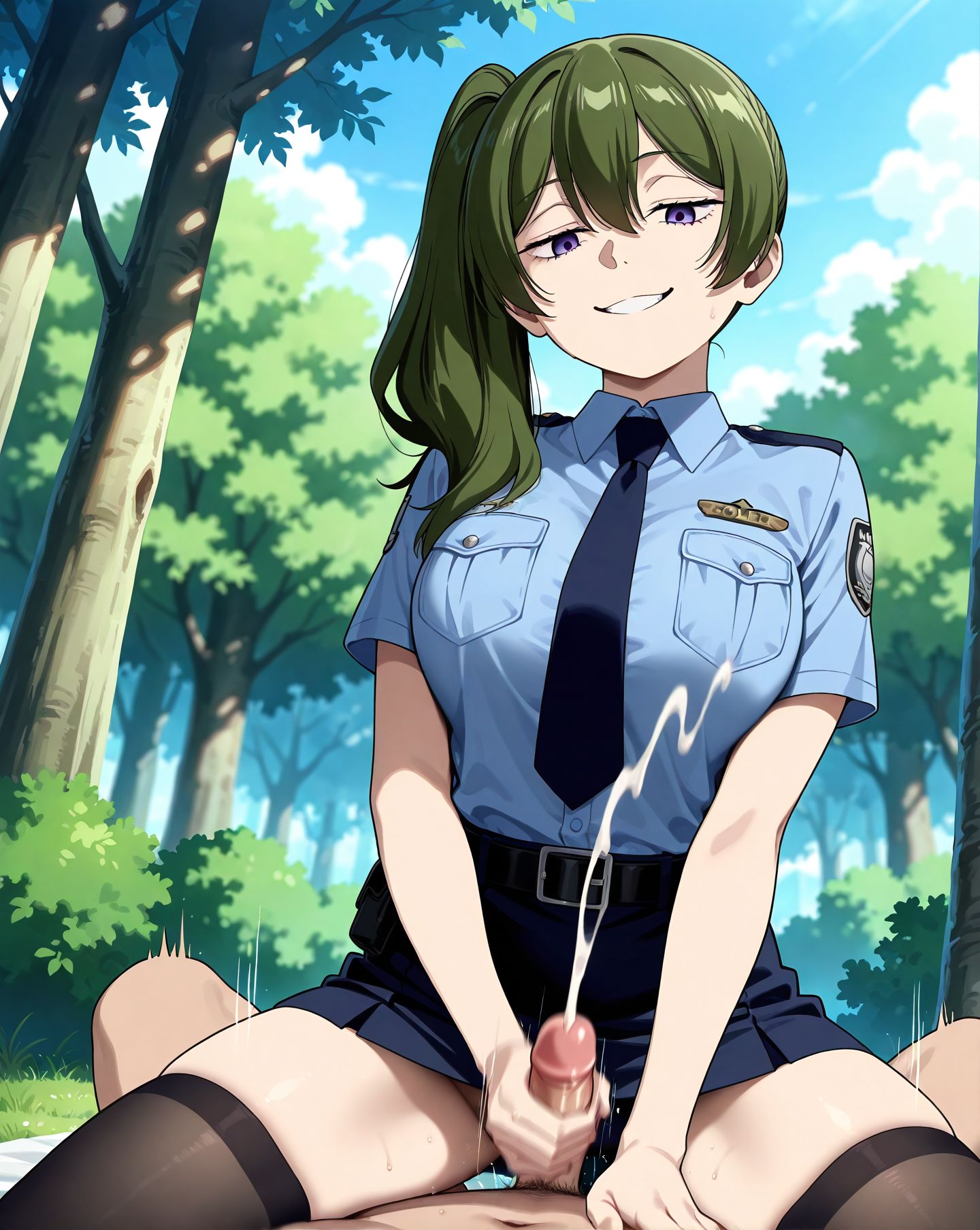 <lora:add-detail-xl:0.5>,,masterpiece, best quality, newest, absurdres, highres, detailed eyes, beautiful, detailed background, perfect eyes, anime coloring, anime screencap,
<lora:Policewoma-000035:0.5>,Police_cosplay,
hetero,1girl,1boy,uncensored, steam, motion lines, 
penis,necktie,thighhighs,projectile cum, motion blur, 
police uniform,straddling,naughty face,  police uniform, 
cowgirl position,handjob,cum on clothes,miniskirt, 
outdoors, tree, 
fatman,faceless male, ugly man, 
BREAK
ubel \(sousou no frieren\), 
sousou no frieren, official art, 
20YO, milf, large breasts,