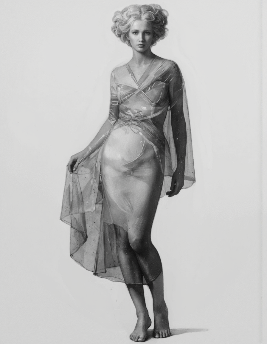 By Joshua Burbank. A black and white photo of a woman in a dress, a marble sculpture, figurative art, diaphanous translucent cloth, pinterest render, elegant sleek smooth body, goddess of light, made of mist, silk dress, transparent cloth, with a white background, luminous body, godesses, vapor.