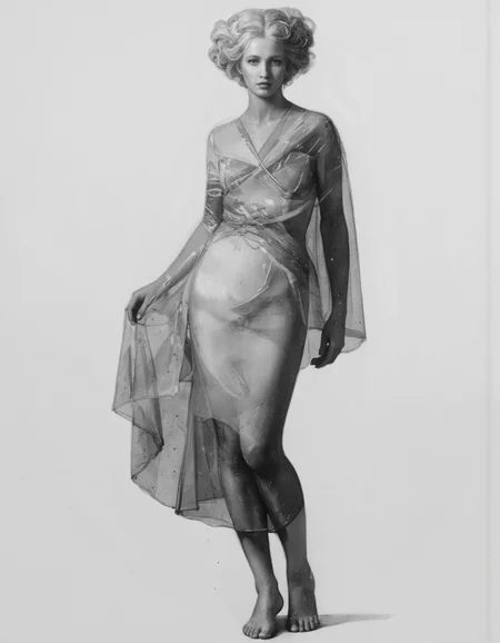 By Joshua Burbank. A black and white photo of a woman in a dress, a marble sculpture, figurative art, diaphanous translucent cloth, pinterest render, elegant sleek smooth body, goddess of light, made of mist, silk dress, transparent cloth, with a white background, luminous body, godesses, vapor.