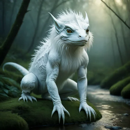 Masterpiece.
A fantasy forest lizard creature, covered in white fur, crouching beside a stream..
Fantasy style.
<lora:EtherealSaraph01a_CE_XL_300-OT:0.5> ethrlsrphCE_style