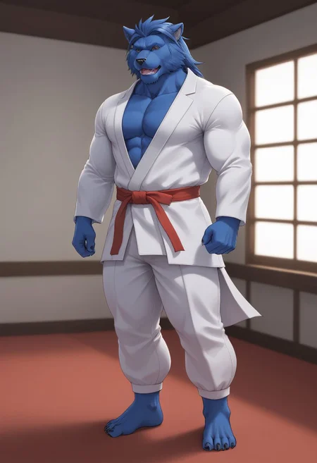 (((Barefoot furry character, full body, cinematic setting, furry male, plantigrade)))
(((Beast from X-Man))), muscular, beefy, brawny, (((wears white kimono and lonh white pants))), (((performs karate kick))), blue fur on entire body
BREAK, detailed background, 8K, (masterpiece:1.5), intricate details, highly detailed, extreme detail, octane render, fine art, best quality, highres, (detailed face:1.5), ((full_body)), UHD, (((perfect hands))), low light