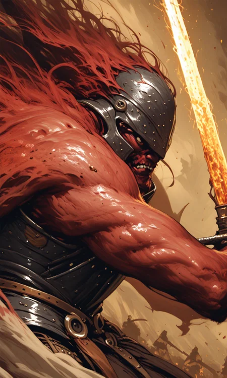 A dark intense digital painting of an armored warrior with a glowing sword battling a monstrous red-skinned creature amidst a chaotic smoky battlefield., masterpiece, fine details, dynamic , <lora:- iLL - PdJ_highres_counterweight _V1.0-step00007000:.6>, <lora:- iLL - vl_abstractbrush_finished_V1.0:.8>