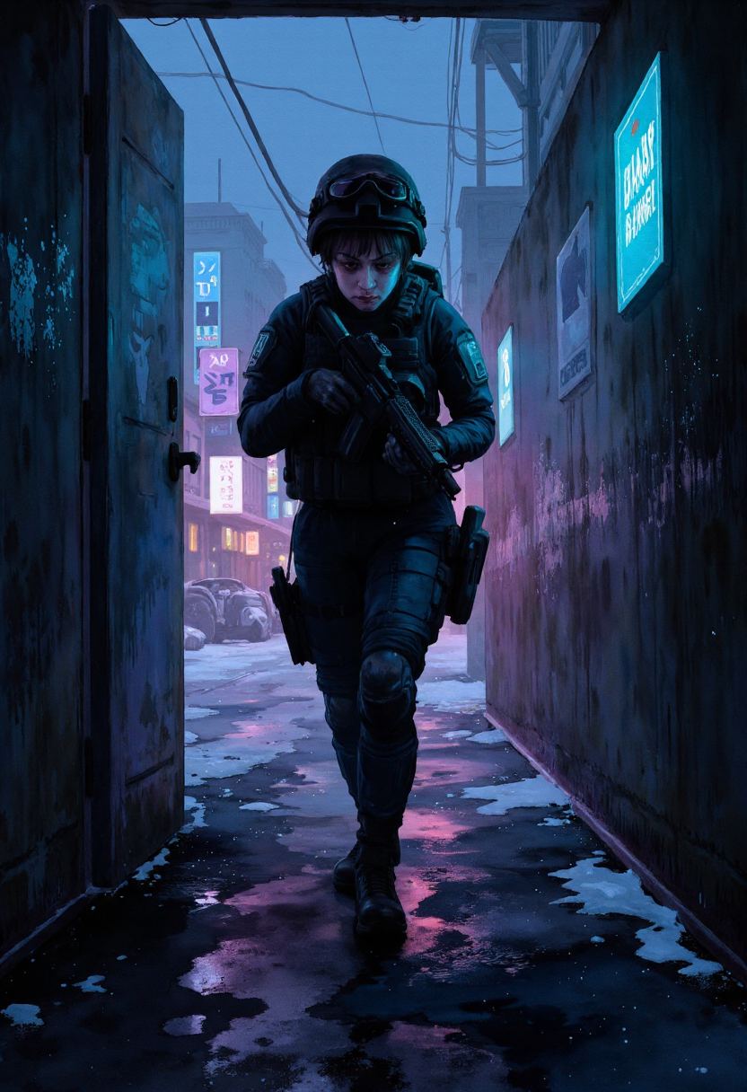 Watercolor painting of a, An Asian woman with almond-shaped brown eyes and a sharp, angular face, her black hair cut short beneath a helmet adorned with night vision goggles, silently infiltrates an enemy compound during the dead of night, her lightweight tactical gear designed for stealth operations, a silenced MP7 in her hands as she moves through the shadows, her footsteps barely audible against the cold concrete floors, neon signs from a distant city casting faint reflections on the wet ground, the distant hum of a generator the only sound as she signals her squad to advance, the faint beeping of motion detectors hidden in the walls warning of incoming threats.