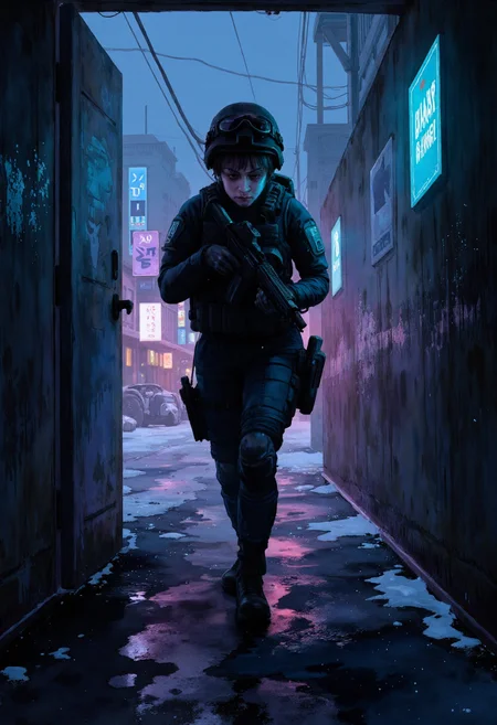 Watercolor painting of a, An Asian woman with almond-shaped brown eyes and a sharp, angular face, her black hair cut short beneath a helmet adorned with night vision goggles, silently infiltrates an enemy compound during the dead of night, her lightweight tactical gear designed for stealth operations, a silenced MP7 in her hands as she moves through the shadows, her footsteps barely audible against the cold concrete floors, neon signs from a distant city casting faint reflections on the wet ground, the distant hum of a generator the only sound as she signals her squad to advance, the faint beeping of motion detectors hidden in the walls warning of incoming threats.