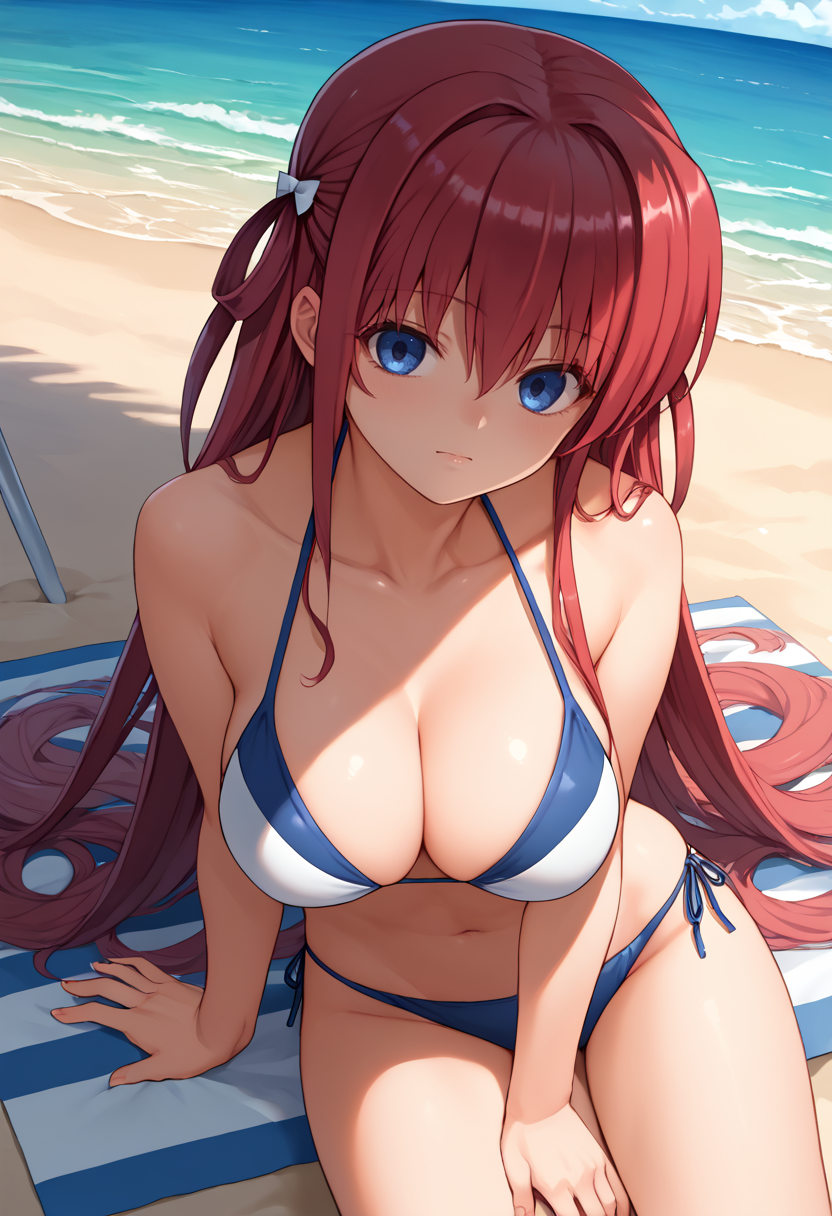 score_9, score_7_up, 1girl, suou amane, two side up, long hair, red hair, blue eyes, large breasts,  bikini, beach,   <lora:Suou Amane 3-000009:1>
