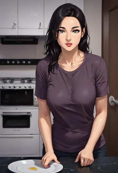 score_9, Manhwa_ami, woman, purple shirt, grey eyes , kitchen