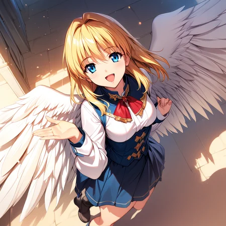 (masterpiece),(best quality),(ultra-detailed),(best illustration),(best shadow),(absurdres),(detailed background),(very aesthetic), rosette_christopher, 1girl, wings, solo, blue eyes, blonde hair, feathered wings, skirt, angel wings, looking at viewer, open mouth, smile, long sleeves, bow, feathers, shirt, red bowtie <lora:Rosette_Christopher:1>