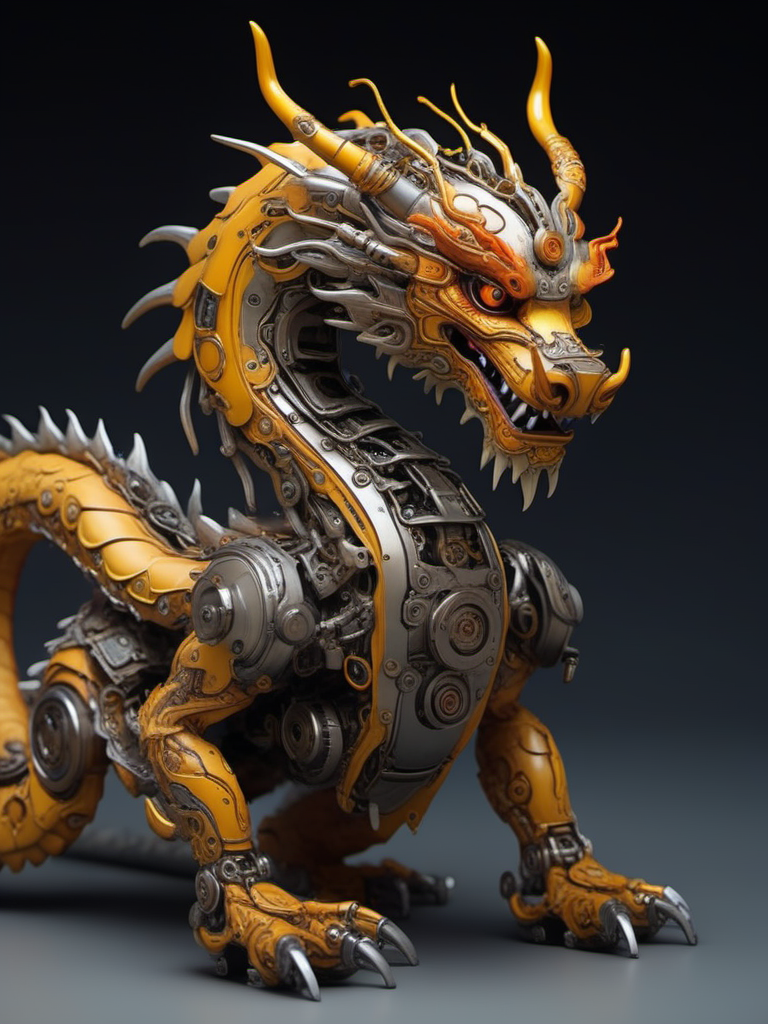 jixie,This is a mechanized Chinese dragon with a cyberpunk style. The dragon's body fuses gears,cogs,and mechanical parts,suggesting a fusion of mythical imagery and industrial design,<lora:ä»¿çæºæ¢°V1:0.7>,