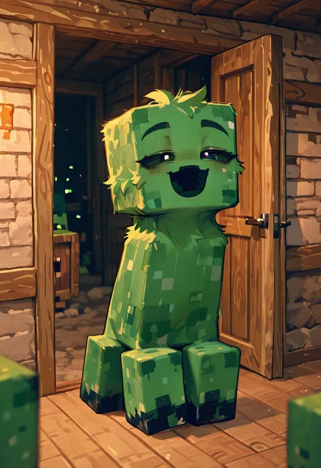 masterpiece, best quality, amazing quality, very aesthetic, absurdres, newest, , detailed background,
movie scene, cinematic scene, cinematic, foreground blur, depth of field,
crpr, no humans, full body, pokemon (creature), open mouth, green skin, black sclera, black mouth,
smile, half closed eyes, hair fluff, fluff, wooden house, door, minecraft house,