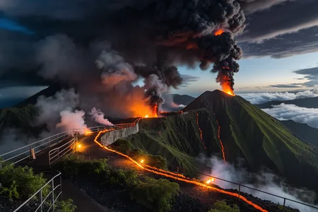 On a volcanic overlook in Central America where thermal vents steam near railings and locals gather for mountaintop celebrations. At summer midnight, (explosions burst:1.2) beyond the crater rim, smoke mixes with night fog, and cheering echoes in the dark.,, Masterpiece,best quality,realistic,HDR, 8K, masterpiece, best_quality, absurdres, ultra-detailed, highly aesthetic,sweeping landscapes, unique perspectives, epic scale, revealing hidden beauty, showcasing vastness, immersive experience, precise compositions, expert piloting, dynamic angles, cinematic storytelling, showcasing natural wonders, aerial exploration