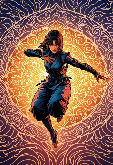 comic Abstract Expressionist style of masterpiece, best quality, good quality, very aesthetic,
<lora:nikifilini:1.3> nikifilini, Ninja Warrior, high contrast, light and shadow, epic pose, vibrant glow, demon background . bold colors, vigorous brushwork, non-representational, spontaneous, expressive, emotional,boring . graphic illustration, comic art, graphic novel art, vibrant, highly detailed