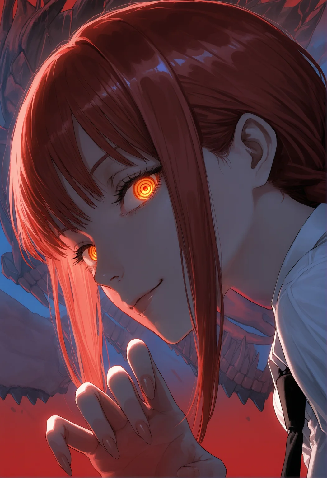 glowing theme, red theme, multicolored background, blue theme,
portrait, 1girl, solo,
from side, side view, makima \(chainsaw man\), leaning forward, reaching, close-up face, sideways glance, glowing eyes, looking at viewer, light smirk, black sharp fingernails,
nose, lips,
very awa, best quality, highres, masterpiece,
<lora:nhl-002-nai:0.8>,