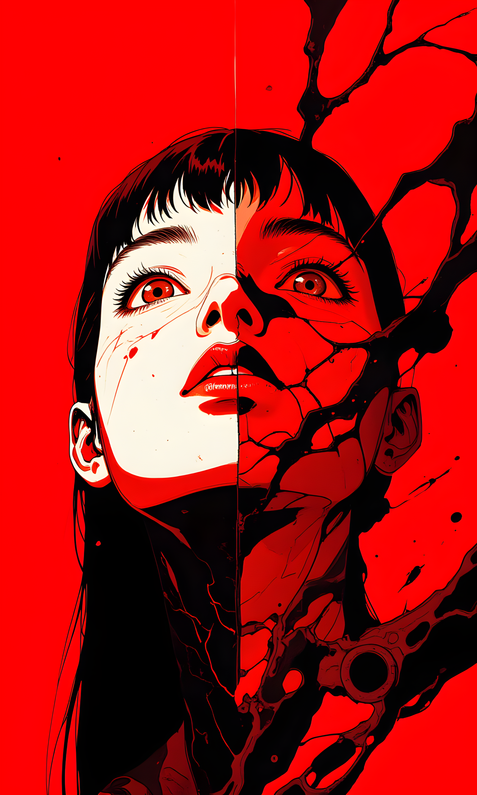 The image is a striking and intense portrait of a woman's face, rendered in a highly stylized and abstract manner. The color palette is dominated by bold reds and stark whites, creating a dramatic contrast that immediately captures the viewer's attention. The woman's face is divided into sections, with some parts painted in white and others in red, giving the impression of a fragmented or shattered visage.
The camera appears to be positioned directly in front of the subject, capturing her face in a close-up shot. The lighting is strong and directional, casting deep shadows that enhance the three-dimensional quality of the image. The light seems to be coming from above, highlighting the contours of her face and the details of her features.
The background is entirely red, with no other objects or elements present. This solid red backdrop serves to isolate the subject and make her face stand out even more. The cracks and fissures in the paint add to the sense of fragmentation and decay, suggesting a deeper emotional or psychological narrative.
The composition centers the woman's face in the frame, with the lines of the cracks and the division between the red and white sections leading the viewer's eye across the image. The use of color and line creates a sense of tension and unease, making the image feel both powerful and unsettling. The overall effect is one of raw emotion and intensity, evoking a range of feelings in the viewer.
BREAK anime, d13s3lp2nk, bboil artist style, OBdonman, Anime art, <lora:FLUX\Anime Art V3:0.2>, <lora:FLUX\Synesthesia:0.2>, <lora:FLUX\RetroAnimeS1.1:0.5>, <lora:FLUX\Flux-jijia:0.1>, <lora:FLUX\It's a LoRA for portraits, BUT! actually specialized in backgrounds. v1.0:0.1>, <lora:FLUX\GLSHS:0.2>, <lora:FLUX\Dieselpunk Delight - s0_9 g4:0.4>, <lora:FLUX\OBdonman, anime0style portrait:0.1>