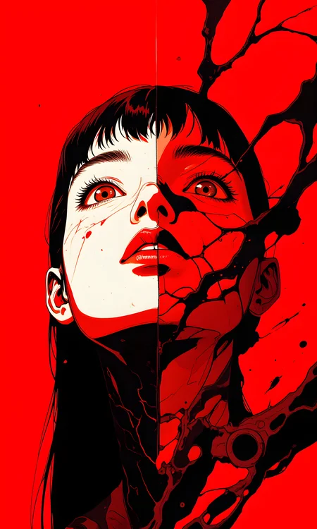 The image is a striking and intense portrait of a woman's face, rendered in a highly stylized and abstract manner. The color palette is dominated by bold reds and stark whites, creating a dramatic contrast that immediately captures the viewer's attention. The woman's face is divided into sections, with some parts painted in white and others in red, giving the impression of a fragmented or shattered visage.
The camera appears to be positioned directly in front of the subject, capturing her face in a close-up shot. The lighting is strong and directional, casting deep shadows that enhance the three-dimensional quality of the image. The light seems to be coming from above, highlighting the contours of her face and the details of her features.
The background is entirely red, with no other objects or elements present. This solid red backdrop serves to isolate the subject and make her face stand out even more. The cracks and fissures in the paint add to the sense of fragmentation and decay, suggesting a deeper emotional or psychological narrative.
The composition centers the woman's face in the frame, with the lines of the cracks and the division between the red and white sections leading the viewer's eye across the image. The use of color and line creates a sense of tension and unease, making the image feel both powerful and unsettling. The overall effect is one of raw emotion and intensity, evoking a range of feelings in the viewer.
BREAK anime, d13s3lp2nk, bboil artist style, OBdonman, Anime art, <lora:FLUX\Anime Art V3:0.2>, <lora:FLUX\Synesthesia:0.2>, <lora:FLUX\RetroAnimeS1.1:0.5>, <lora:FLUX\Flux-jijia:0.1>, <lora:FLUX\It's a LoRA for portraits, BUT! actually specialized in backgrounds. v1.0:0.1>, <lora:FLUX\GLSHS:0.2>, <lora:FLUX\Dieselpunk Delight - s0_9 g4:0.4>, <lora:FLUX\OBdonman, anime0style portrait:0.1>