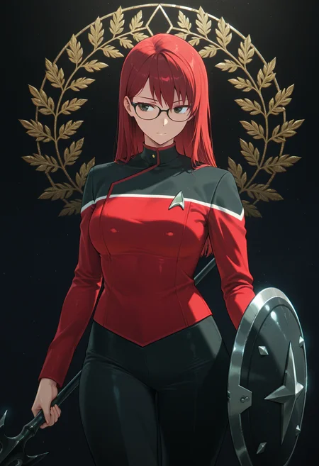 abstract background, colorful, light reflection, a sleek warrior is raising up her shield, holding a black spear, beautiful woman, flawless body, ornamental black glasses, dark background, 1girl, solo, long red hair, straight hair, red TLD uniform ,masterpiece,best quality,amazing quality,