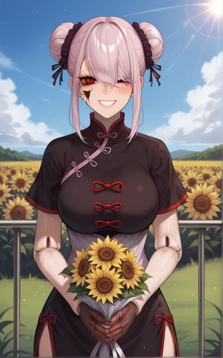 score_9, score_8_up, score_7_up, sunflower field, 1girl, blush, bouquet, cloud, cloudy sky, day, fence, field, floral background, floating hair, flower, flower field, holding, holding bouquet, lens flare, light particles, light rays, looking at viewer, outdoors, sky, smile, sun, sunflower, wind, happy, cowboy shot,   <lora:PONYXL_JowolAkaPorcelainMaid_ownwaifu:1>, BREAK ChinaDress_JowolAkaPorcelainMaid_ownwaifu, 1girl, black dress, chinese clothes, double bun, pink hair, hair bun, hair over one eye, red eyes, short hair, alternate hairstyle, china dress, cracked skin, doll joints, gloves, one eye covered, short sleeves, stitches, bangs, black sclera, crack, large breasts, long eyelashes, mechanical arms, prosthesis, robot joints, scar, side slit, sidelocks,<lora:Expressive_H:0.15> <lora:add-detail-xl:0.15>,