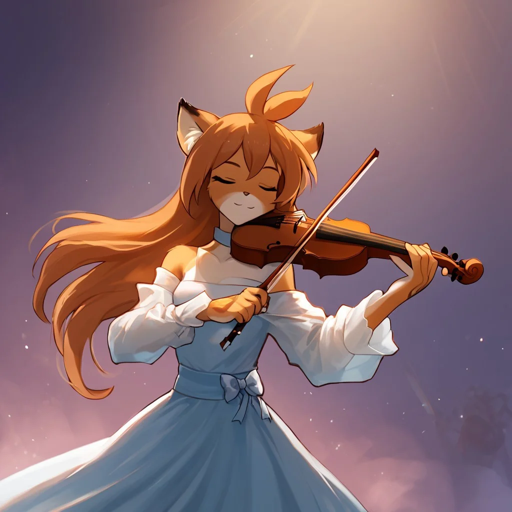 score_9, score_8_up, score_7_up, masterpiece, best quality, good quality, highly detailed, absurdres, smooth, Expressiveh, concert hall, spotlight, 1 girl, solo, flora-twokinds, anthro, long dress, bare shoulders, playing-violin, violin, holding, bow \(music\), playing violin, closed eyes