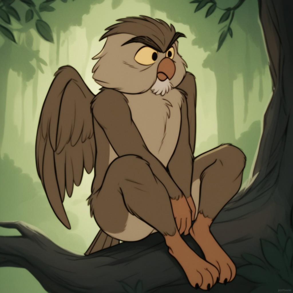 score_9, score_8_up, score_7_up, score_6_up, score_5_up, score_4_up, source_furry, Archimedesowl, anthro, male, owl, brown feathers, yellow sclera, black eyes, sitting, on branch, forest, wings