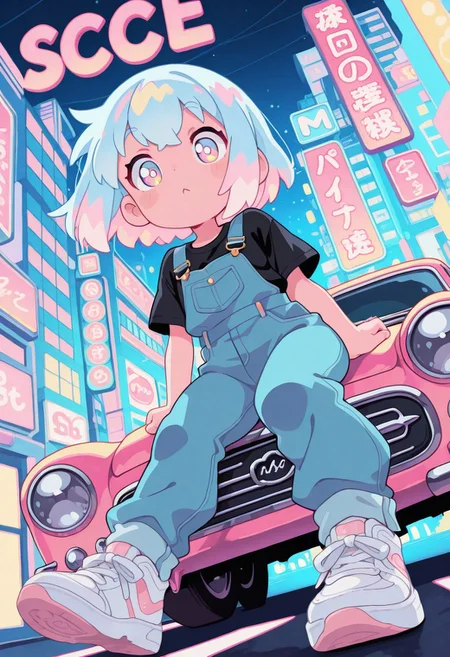 score_9, score_8_up, score_8, pastel colors, highly detailed, masterpiece, source_anime, cinematic light, (cute:1.2), (adorable:1.2), best quality, amazing quality, studio anime, official style, masterpiece, anime screencap, anime style, dynamic composition, dynamic angle, dramatic lighting, very awa, rich and vibrant colors, 1girl, solo, looking at viewer, leaning against a blue classic car parked on a street at night. wearing a black t-shirt with colorful graphics and text, light blue jeans, and white sneakers. The background features a brightly lit building with a red neon sign. The scene is illuminated by streetlights, and the overall atmosphere is urban and slightly nostalgic.
