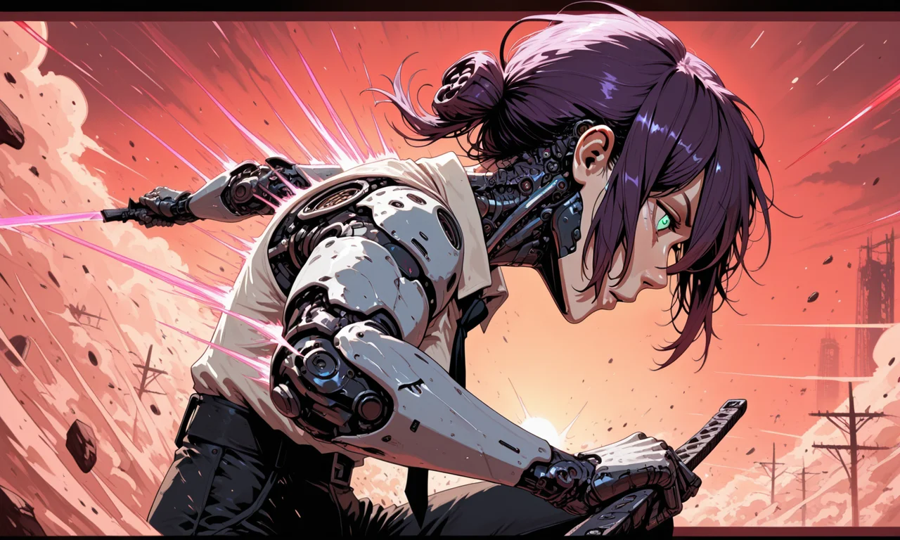 masterpiece, best quality, amazing quality, very aesthetic, absurdres, newest, cybernetic, cyborg, close-up, high angle, side_profile, dynamic_pose, action_scene, intense_motion, dramatic_perspective, chaotic_energy, exaggerated_perspective, impact_sparks, dust_clouds, debris_in_air, slashing_motion, high_speed_movement, cinematic_lighting, 1girl, solo, sword pose, holding weapon, intense expression, detailed eyes, reze_\(chainsaw_man\)<lora:cybernetic_ill.safetensors:1.0:1.0>